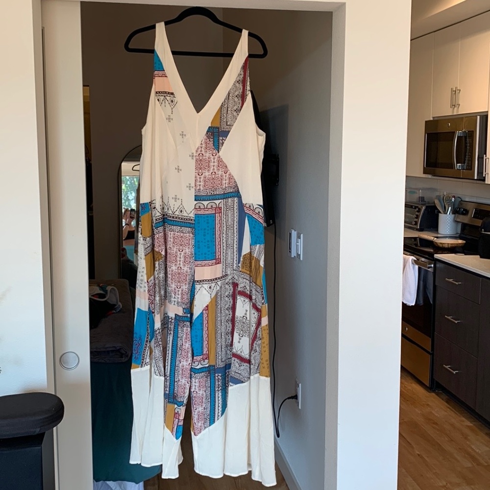 Free People Cream Patchwork V-Neck Jumpsuit with Blue & Mustard Accents